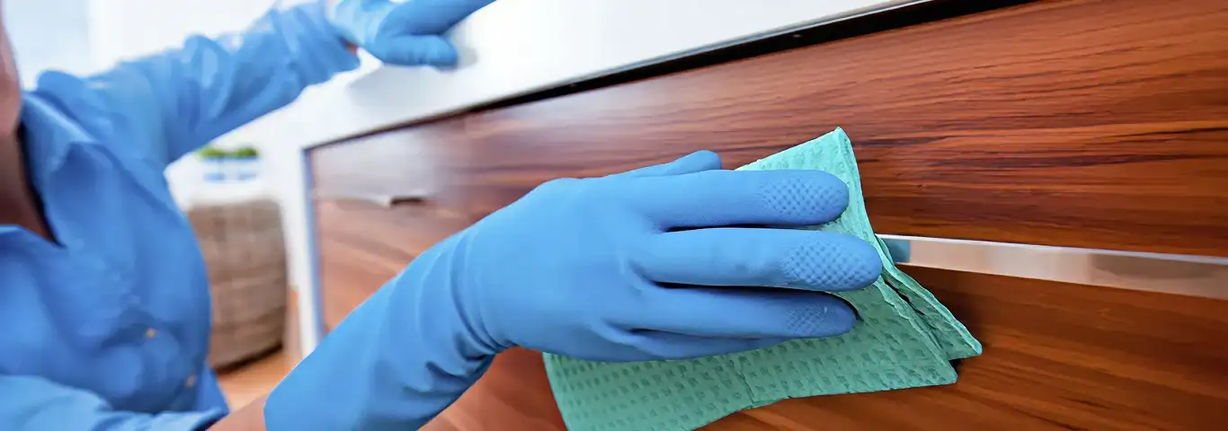 Cleaner wearing blue gloves wiping a wooden cabinet drawer with a microfiber cloth for dust and grime removal, Tacoma, WA.