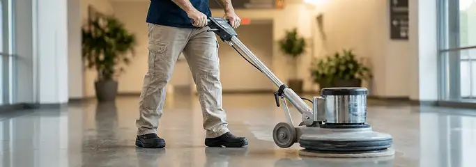 Professional technician using an industrial floor buffer to polish and maintain shiny commercial flooring in a corporate hallway in Tacoma, WA.