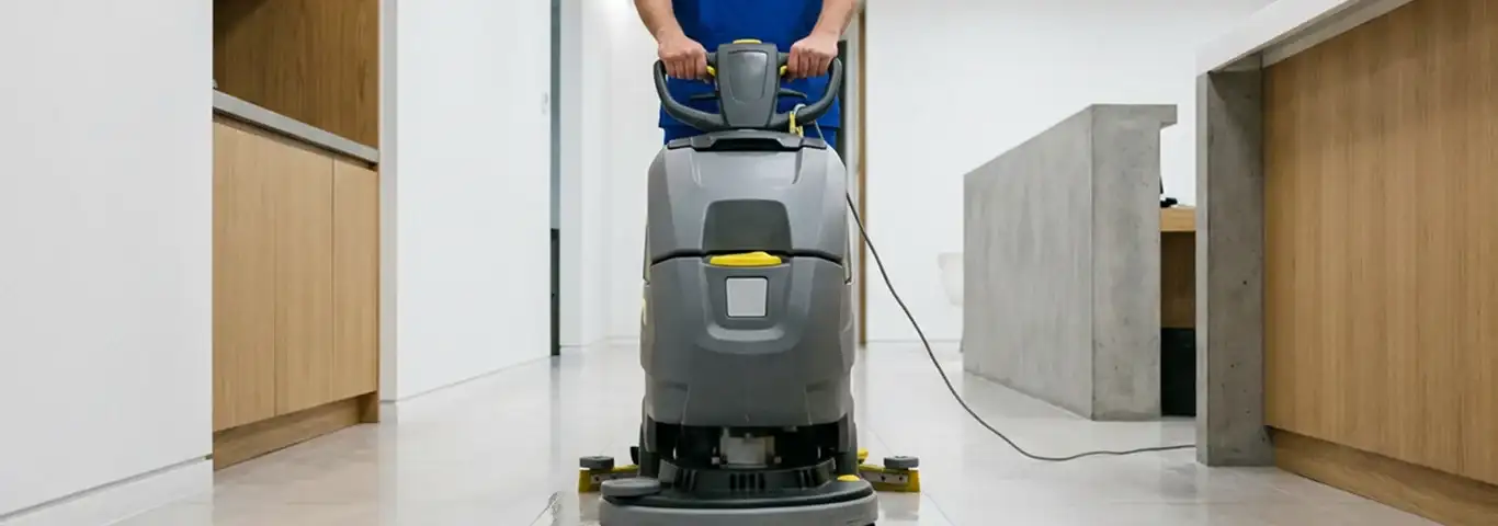 Janitorial staff using a floor scrubber machine to clean a commercial hallway, Tacoma, WA.
