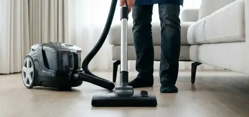 Professional house cleaner vacuuming a living room floor with a canister vacuum cleaner, Tacoma, WA.
