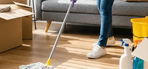 Move-out cleaning setup with a cleaner mopping hardwood floors near moving boxes and cleaning supplies, Tacoma, WA.