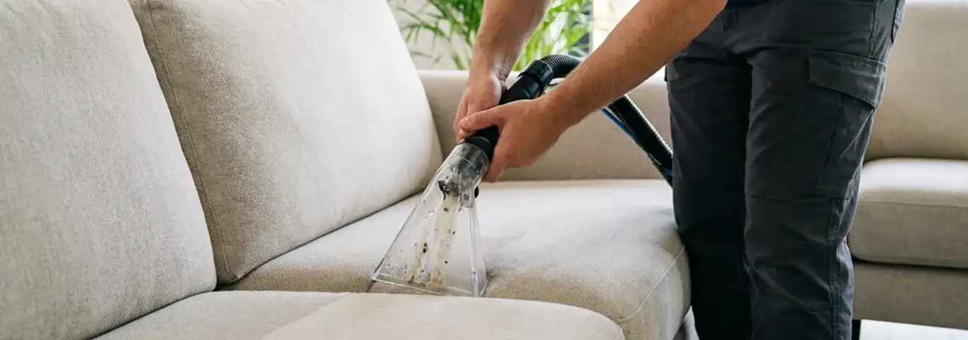 Technician extracting dirt and moisture from a fabric sofa with an upholstery cleaning wand, Tacoma, WA.