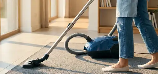 Person vacuuming a living room rug with a canister vacuum cleaner near large windows, Tacoma, WA.
